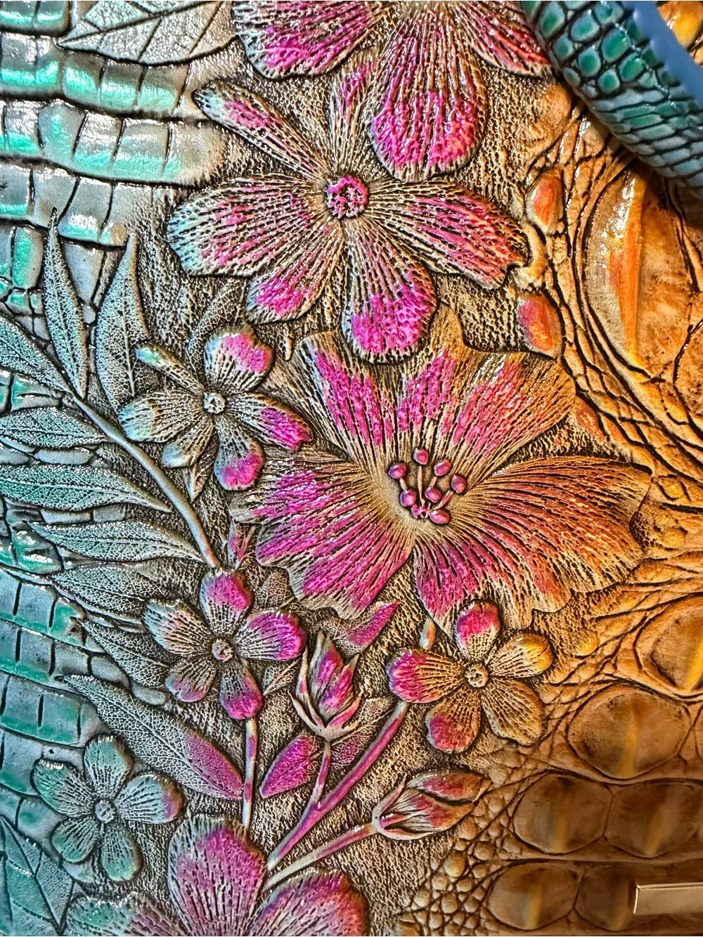 Rare Brahmin Teal , Pink & Golden Brown Embossed Floral Satchel
